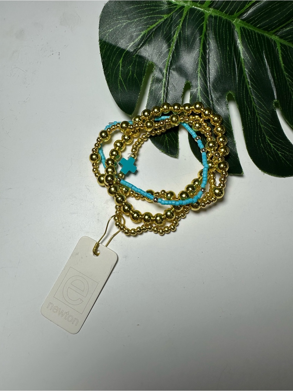 Newton Gold and Turquoise Layered Stretch Bracelet Set with Cross Accent